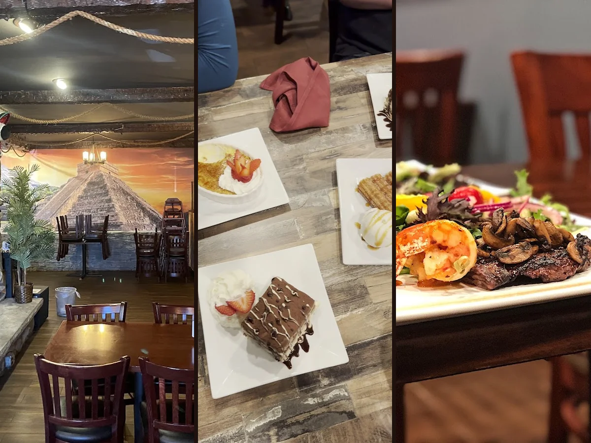 Warm dining room with Tex-Mex food on tables.