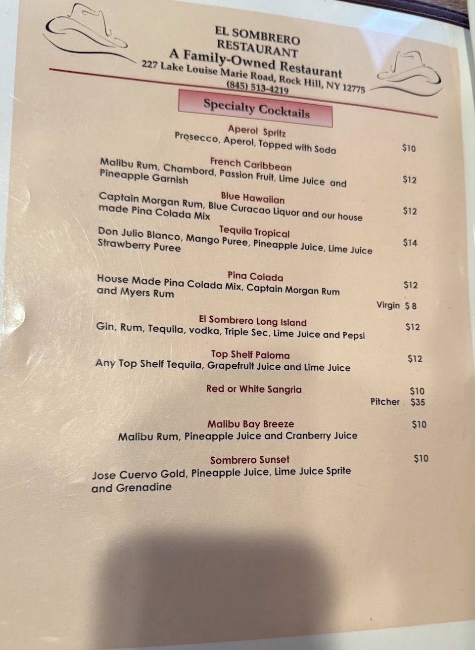Tex-Mex menu featuring burgers and grilled steaks.