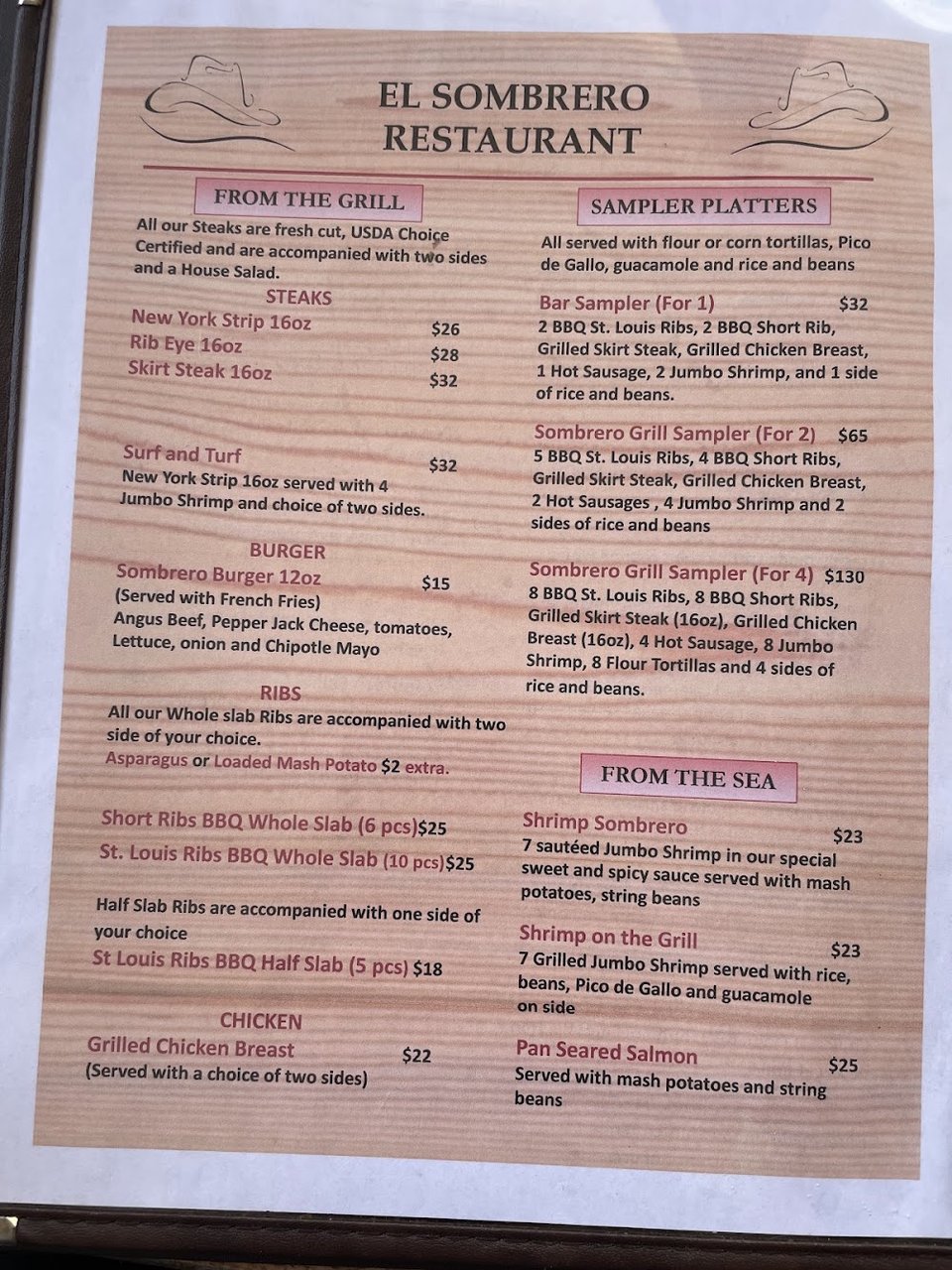 Drinks and dessert selections on a restaurant menu.